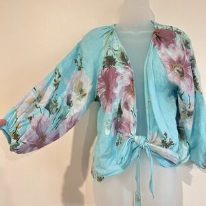 Tempo Paris 100% Linen Blouse Sz S/M Made in Italy Floral Balloon Sleeve Tie